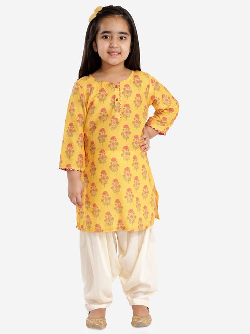 Vastramay Girls' Mustard And Cream Linen Kurta And Patiala Set